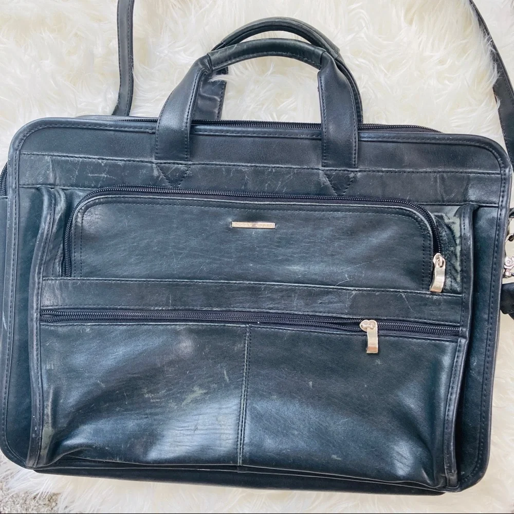 Vintage Perry Ellis Genuine Leather Briefcase Black Laptop Bag